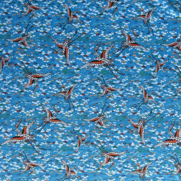 Cranes on Blue Nylon Spandex Swimsuit Fabric
