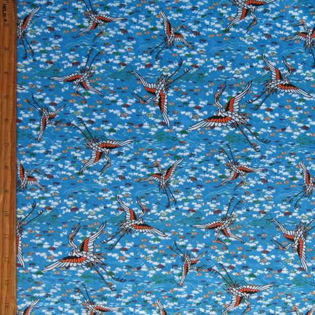 Cranes on Blue Nylon Spandex Swimsuit Fabric