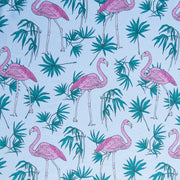Flamingos and Foliage on Blue Flow Stretch Boardshort Fabric