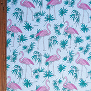 Flamingos and Foliage on Blue Flow Stretch Boardshort Fabric