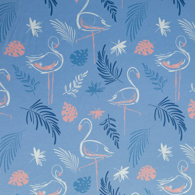 Flamingos on Periwinkle Flow Stretch Boardshort Fabric