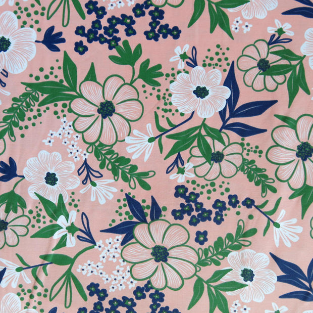 Navy/Green Floral on Peach Nylon Spandex Swimsuit Fabric - 28" Remnant