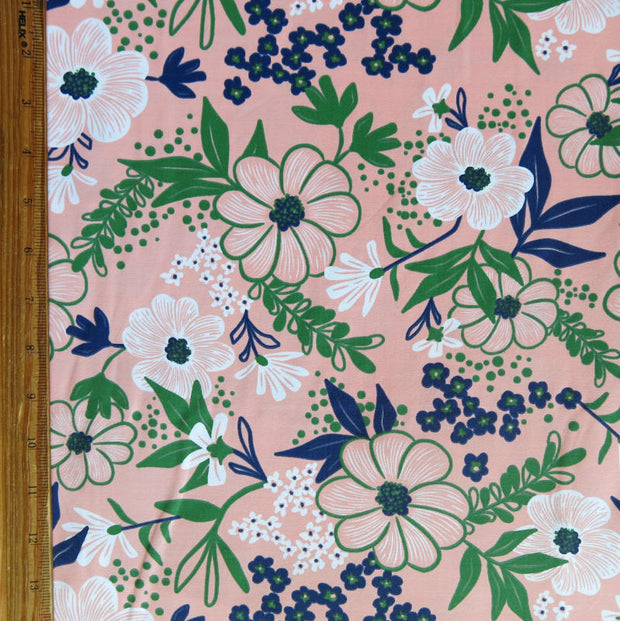 Navy/Green Floral on Peach Nylon Spandex Swimsuit Fabric