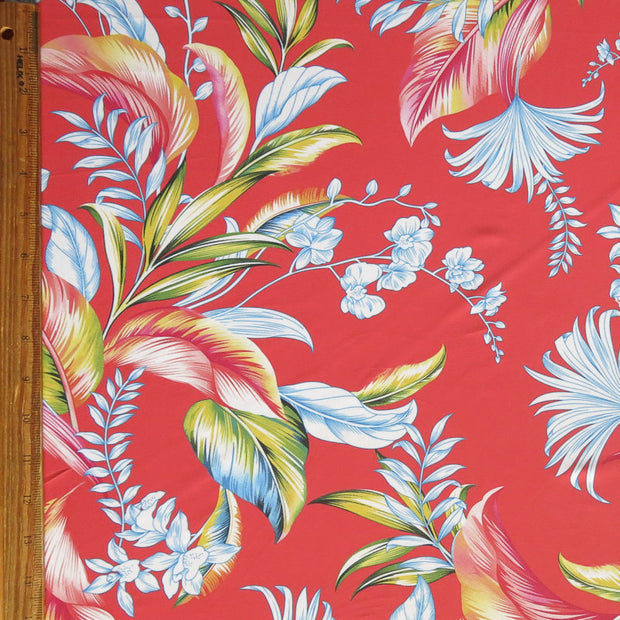 Foliage on Coral Poly Spandex Swimsuit Fabric