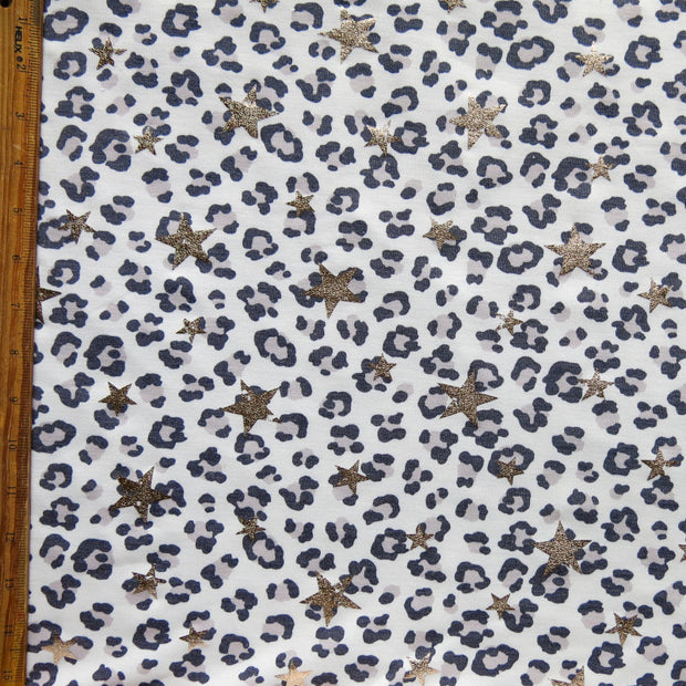 Gold Foil Stars and Leopard Poly Rayon Spandex French Terry Fabric