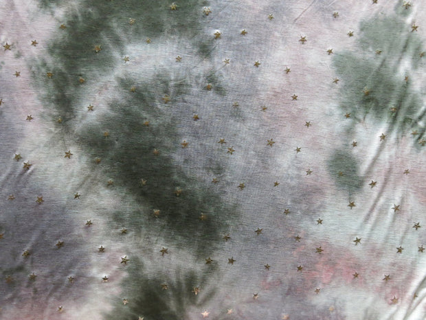 Gold Foil Stars on Pink/Grey/Green Tie Dye Rayon Spandex Slub Jersey Knit Fabric