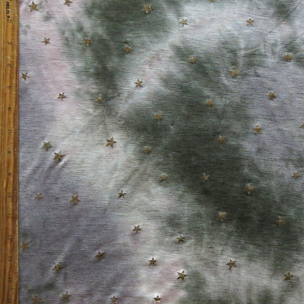 Gold Foil Stars on Pink/Grey/Green Tie Dye Rayon Spandex Slub Jersey Knit Fabric
