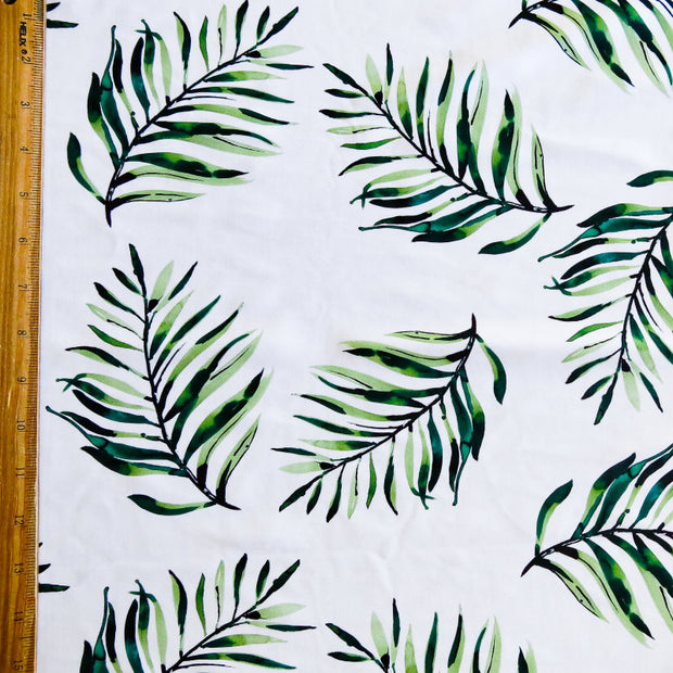 Green Ferns on White Nylon Spandex Swimsuit Fabric