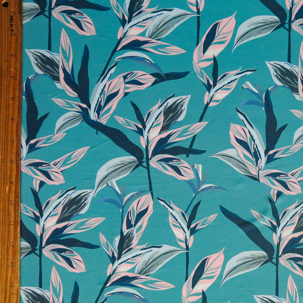 Leaves on Teal Poly Spandex Swimsuit Fabric