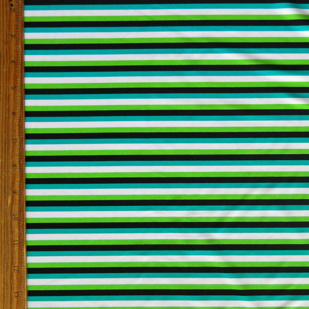 Lime, Black, Peacock, and White Stripe Nylon Spandex Swimsuit Fabric