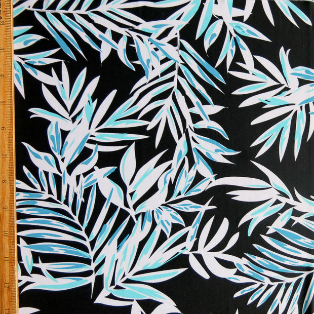 Mint and Aqua Green Foliage on Black Nylon Spandex Swimsuit Fabric