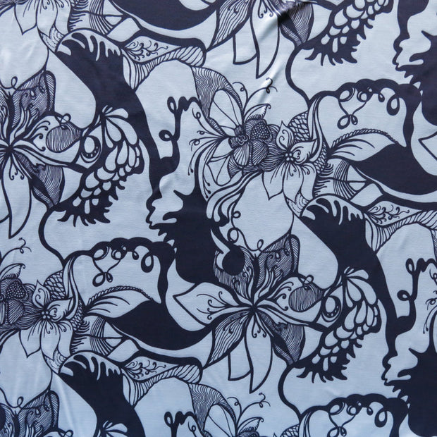 Navy/Baby Blue Floral Poly Lycra Athletic Knit Fabric