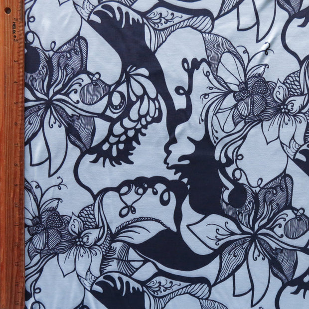 Navy/Baby Blue Floral Poly Lycra Athletic Knit Fabric
