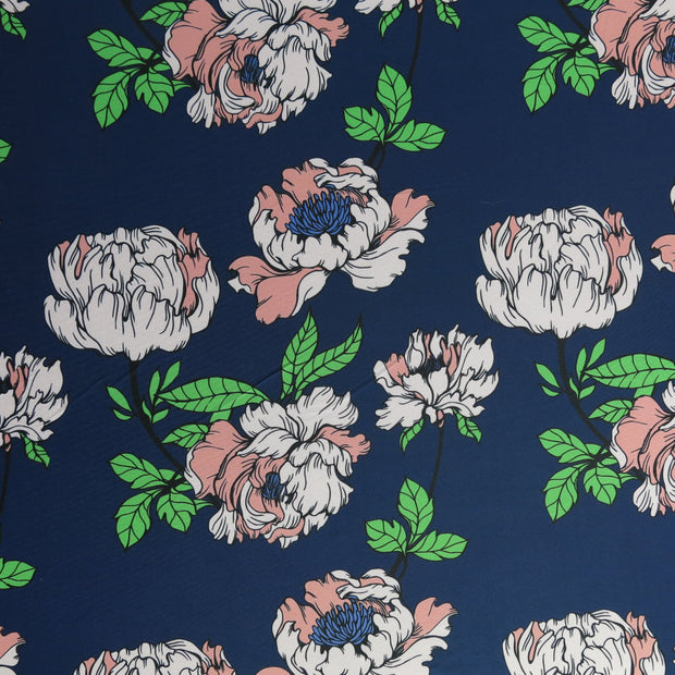 Peach Peonies on Navy Poly Spandex Swimsuit Fabric