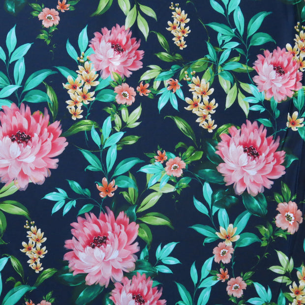 Pretty Peony on Navy Nylon Spandex Swimsuit Fabric