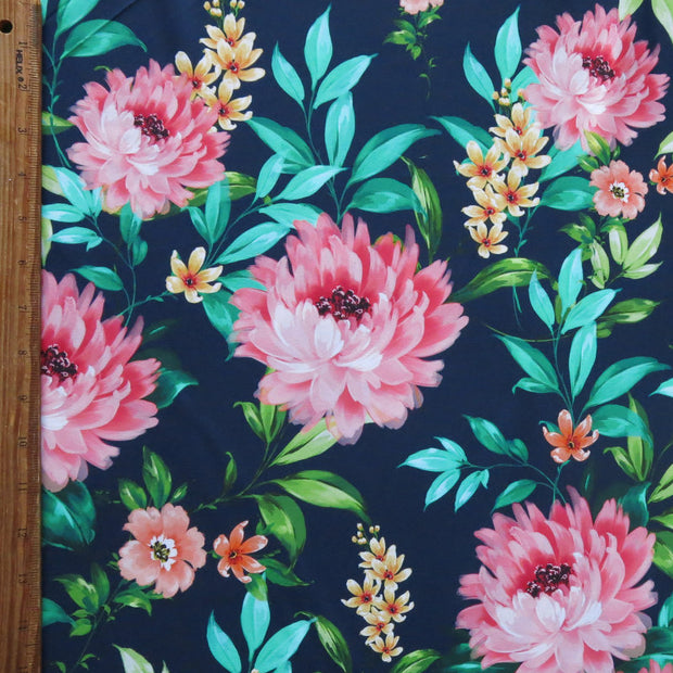 Pretty Peony on Navy Nylon Spandex Swimsuit Fabric
