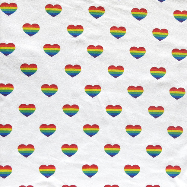 Rainbow Hearts on White Cotton Lycra Knit Fabric