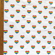 Rainbow Hearts on White Cotton Lycra Knit Fabric