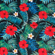 Red Hibiscus Hawaiian on Black Nylon Spandex Swimsuit Fabric