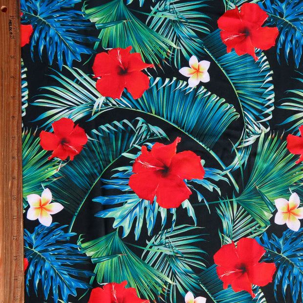 Red Hibiscus Hawaiian on Black Nylon Spandex Swimsuit Fabric