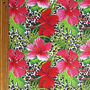 Red and Pink Hibiscus on Leopard Poly Spandex Swimsuit Fabric