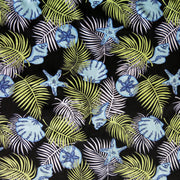 Shells and Palm Fronds on Black Cotton Knit Fabric