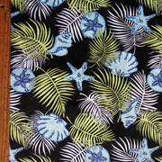 Shells and Palm Fronds on Black Cotton Knit Fabric