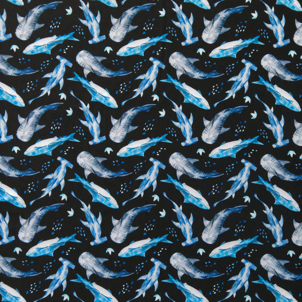 Sharks on Black Nylon Spandex Swimsuit Fabric