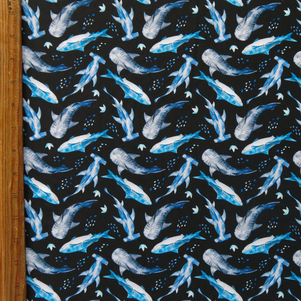 Sharks on Black Nylon Spandex Swimsuit Fabric