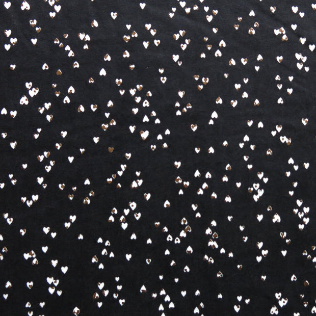 Tiny White and Rose Gold Foil Hearts on Black Poly Spandex Jersey Knit Fabric