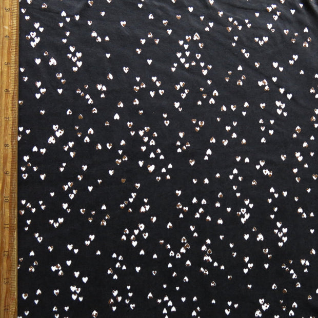 Tiny White and Rose Gold Foil Hearts on Black Poly Spandex Jersey Knit Fabric