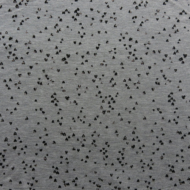 Tiny Black and Rose Gold Foil Hearts on Heathered Grey Rayon Spandex French Terry Fabric