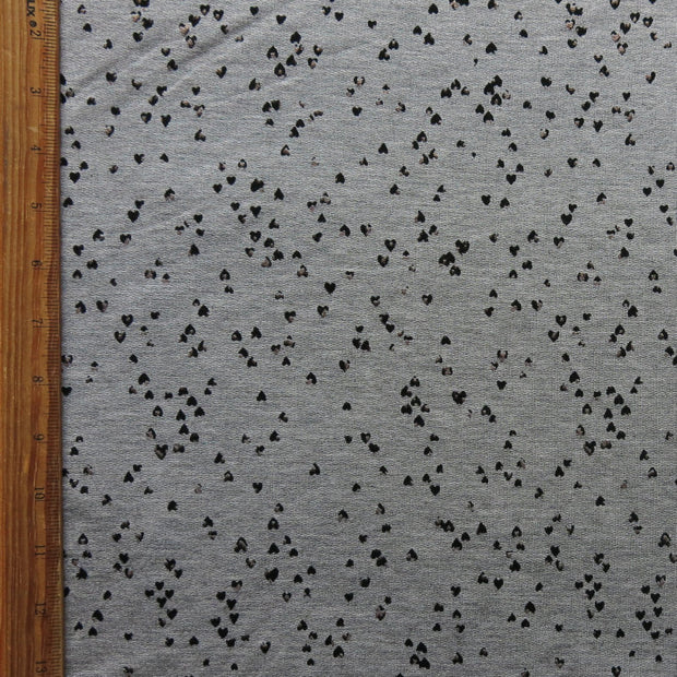 Tiny Black and Rose Gold Foil Hearts on Heathered Grey Rayon Spandex French Terry Fabric