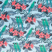 Parrots and Hibiscus on Blue Poly Spandex Swimsuit Fabric