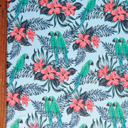 Parrots and Hibiscus on Blue Poly Spandex Swimsuit Fabric