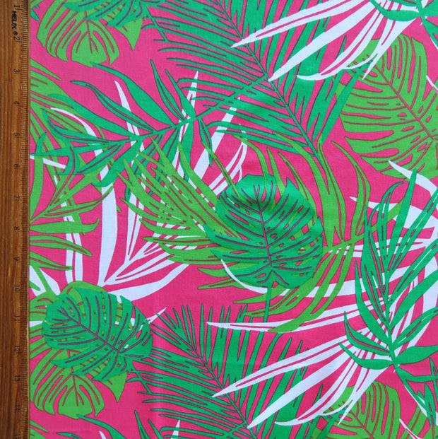 Tropical Leaves on Pink Nylon Spandex Swimsuit Fabric