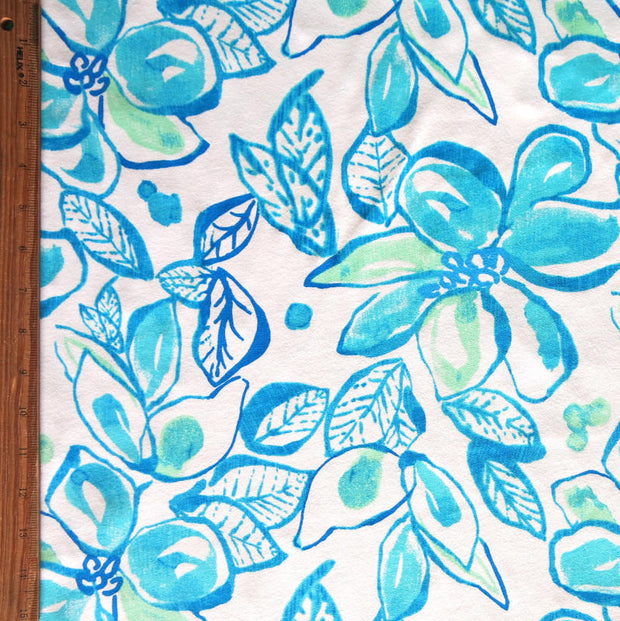 Turquoise and Mint Large Floral Cotton Knit Fabric - RESERVED