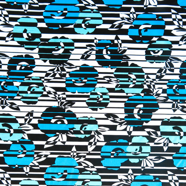 Turquoise Blue and Mint Floral Stripe Nylon Spandex Swimsuit Fabric