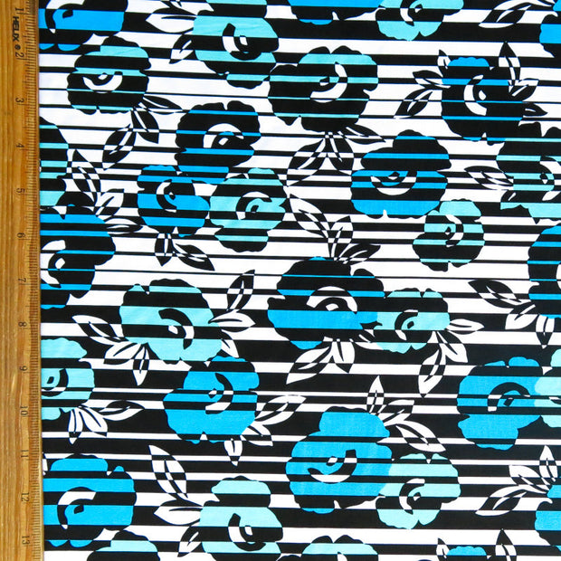 Turquoise Blue and Mint Floral Stripe Nylon Spandex Swimsuit Fabric