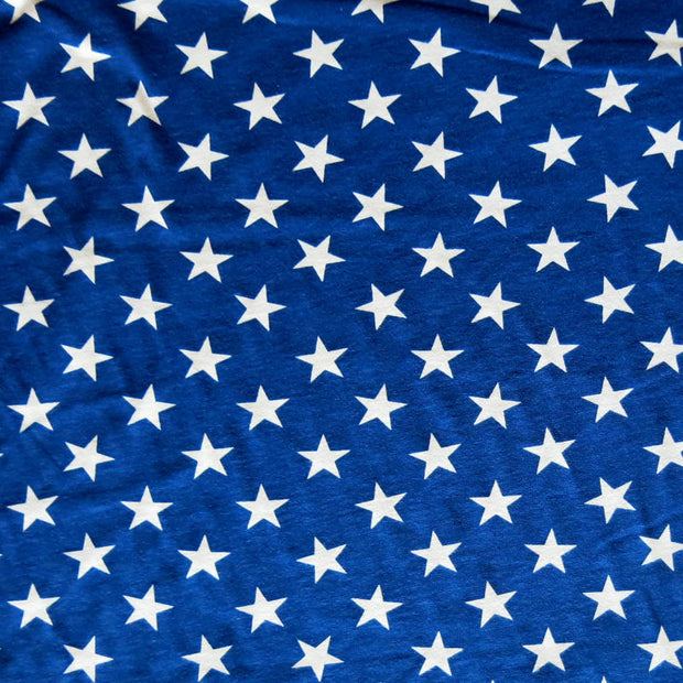 White Patriotic Stars on Royal Cotton Knit Fabric