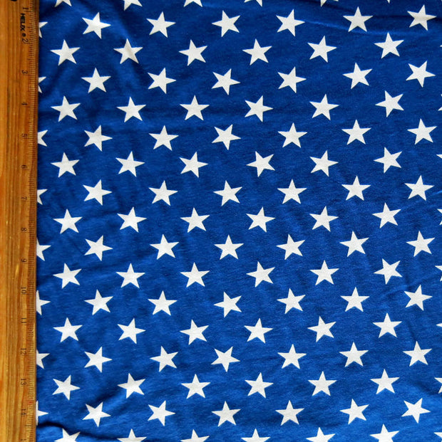 White Patriotic Stars on Royal Cotton Knit Fabric