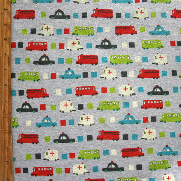 Ambulance, Police Cars, and Fire Trucks on Heathered Grey Cotton Knit Fabric