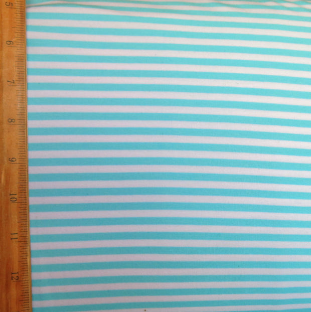 Aqua and White 3/16" wide Stripe Cotton Lycra Knit Fabric