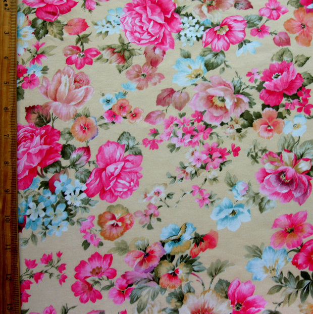 Beautiful Vintage Rose Print on Yellow Nylon Lycra Swimsuit Fabric