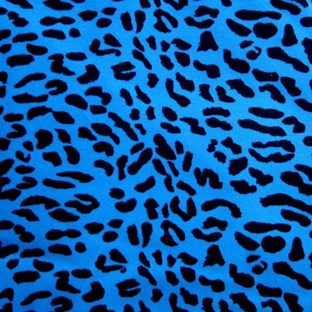 Black Leopard on Turquoise Blue Cotton Lycra Knit Fabric