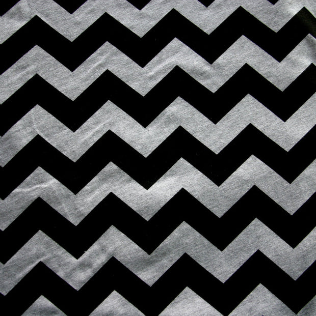 Black Chevrons on Heathered Grey Cotton Jersey Knit Fabric - 33" Remnant