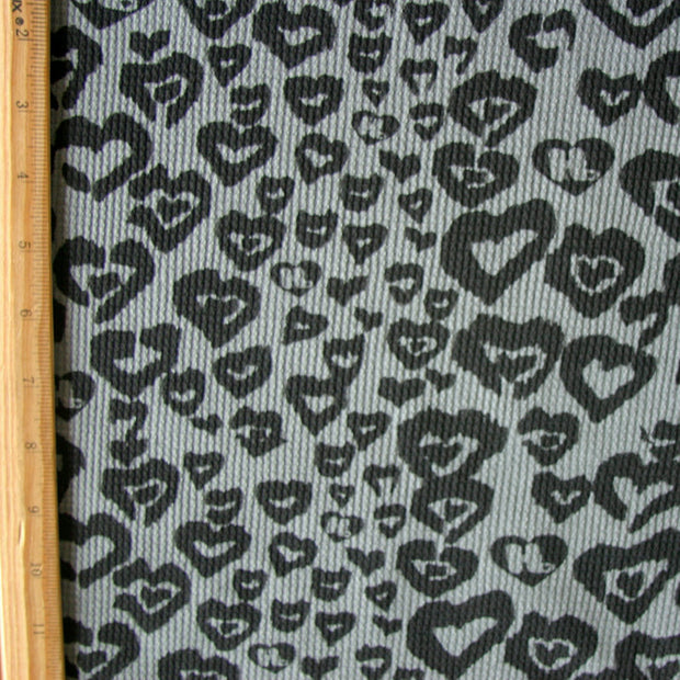 Black HJ Hearts on Dark Grey Cotton Thermal Knit Fabric