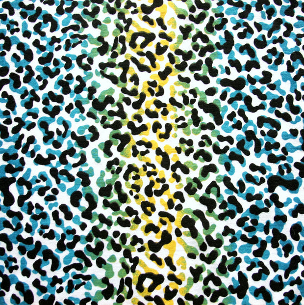 Blue, Green, and Yellow Vertical Leopard Stripe Knit Fabric