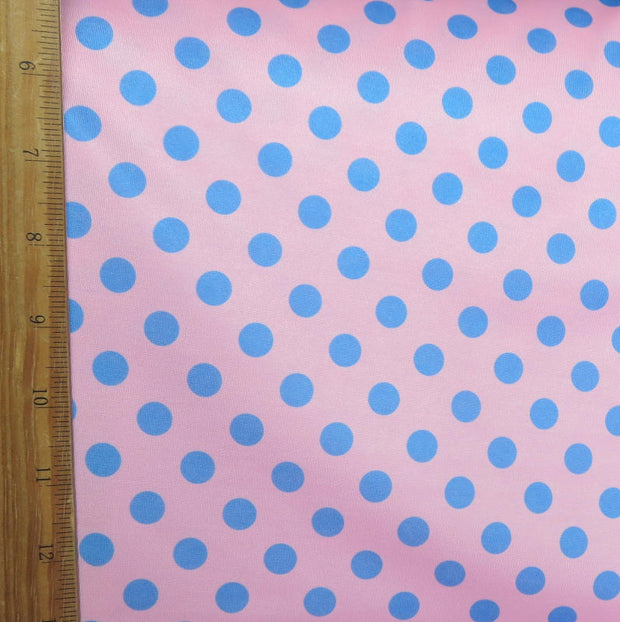 Blue Dime Sized Polka Dots on Pink Nylon Spandex Swimsuit Fabric