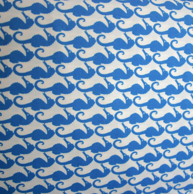 Blue Seahorses on White Nylon Lycra Swimsuit Fabric